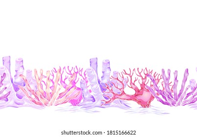 Horizontal seamless border with cartoon neon corals, reefs and sponge on white background. Marine life on the seabed. Vector template for frame, cards, banners and your design.
