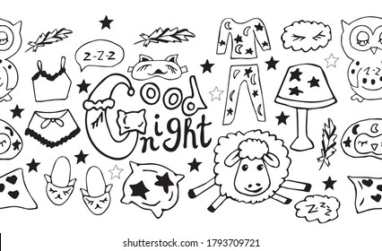 Horizontal seamless border for children's room decor. Go to sleep. Vector sketch isolated on white background. Doodle style. Good night collection of characters with cute toys, pillows, and feathers