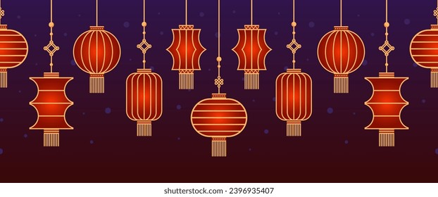 Horizontal seamless border of Chinese paper Hanging lantern Denglong. Good luck knot. Chinese New Year, Mid-Autumn Festival. Flat minimalistic geometric design. fabric, wrapping, background.