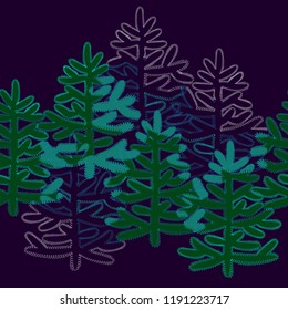 Horizontal seamless border with Christmas green trees on dark background in flat style. For New Year design, Christmas greeting card mockup, clip art, wrapping paper.