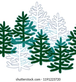 Horizontal seamless border with Christmas green trees on white background in flat style. For New Year design, Christmas greeting card mockup, clip art, wrapping paper.