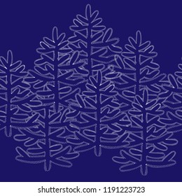 Horizontal seamless border with Christmas green trees on dark background in flat style. For New Year design, Christmas greeting card mockup, clip art, wrapping paper.
