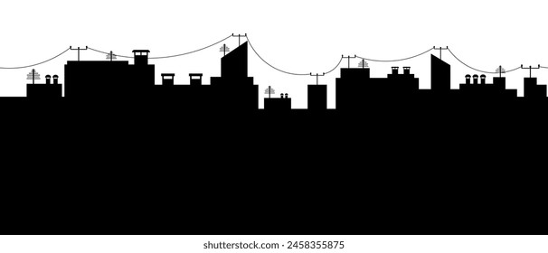 Horizontal seamless border with city panorama in black. Silhouettes of high-rise buildings on city street with antennas, wires. Template isolated on white background. Background narrow pattern.