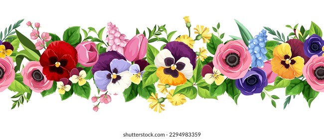 Horizontal seamless border with colorful flowers (tulip, pansy, anemone, and hyacinth flowers) and green leaves. Floral garland. Vector illustration