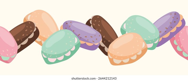 Horizontal seamless border with colorful macarons