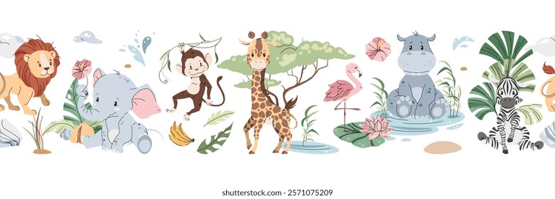 Horizontal seamless border with cute animals. Vector repeating illustration of African animals for kids wallpaper, tape, fabric etc.