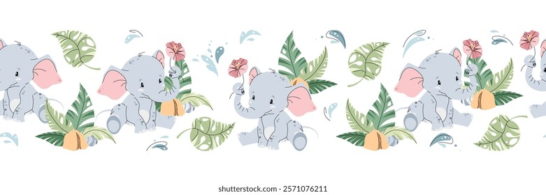 Horizontal seamless border with Cute baby elephant with flower and palm leaves. Vector repeating illustration of African animal for kids wallpaper, tape, fabric etc.