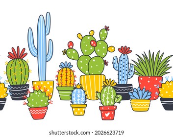 Horizontal seamless border with cute cactus plants isolated on white - cartoon objects for happy summer design