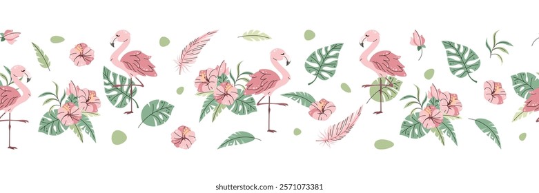 Horizontal seamless border with Cute flamingo with hibiscus and palm leaves. Vector repeating illustration of African animal for kids wallpaper, tape, fabric etc.