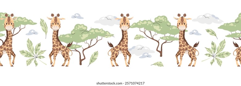 Horizontal seamless border with Cute giraffe with acacia and clouds. Vector repeating illustration of African animal for kids wallpaper, tape, fabric etc.