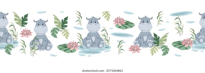 Horizontal seamless border with Cute hippopotamus in a pond with water lilies and reeds. Vector repeating illustration of African animal for kids wallpaper, tape, fabric etc.