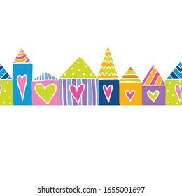 Horizontal seamless border with cute houses. Home sweet home. Children's seamless illustration.