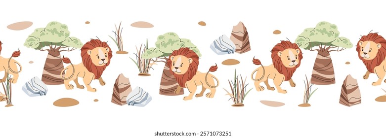 Horizontal seamless border with Cute lion cub with baobab and stones. Vector repeating illustration of African animal for kids wallpaper, tape, fabric etc.