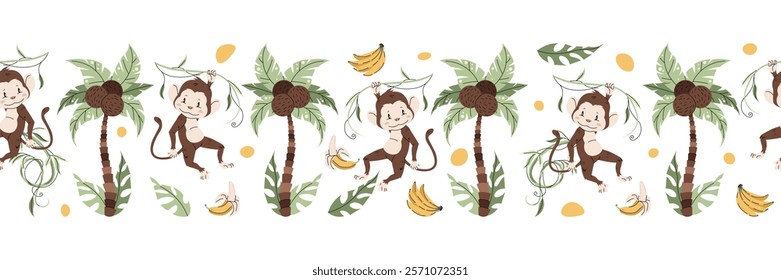 Horizontal seamless border with cute monkey, palm tree, bananas. Vector repeating illustration of african animal for kids wallpaper, tape, fabric etc.