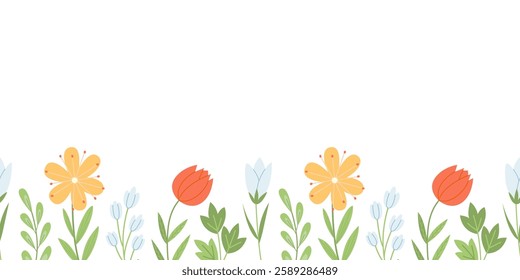 Horizontal seamless border with cute spring wildflowers. Botanical background in hand drawn flat style