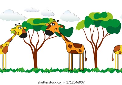 Horizontal seamless border with cute stylized giraffes and trees. Doodle, pattern, children's background, texture, wallpaper, packaging, paper. Vector illustration isolated on white background.