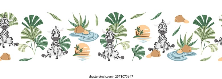 Horizontal seamless border with Cute zebra with palm leaves. Vector repeating illustration of African animal for kids wallpaper, tape, fabric etc.