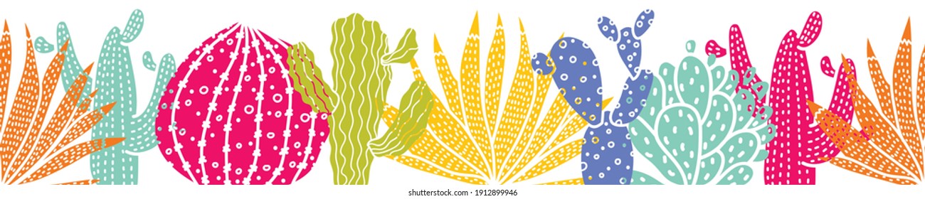 Horizontal seamless border with decorative cacti.