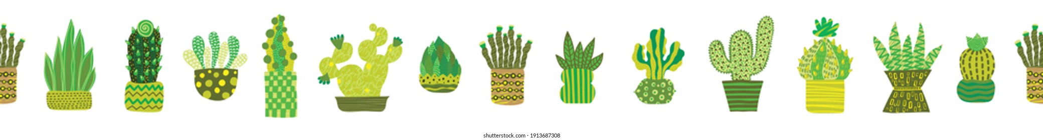 Horizontal seamless border with decorative cacti.