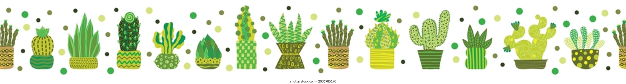 Horizontal seamless border with decorative cacti.
