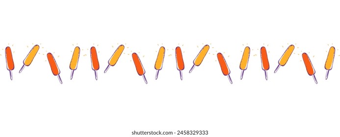 Horizontal seamless border design of popsicle ice cream. Bright doodle illustration isolated on white background. Orange and red ice, summer food.