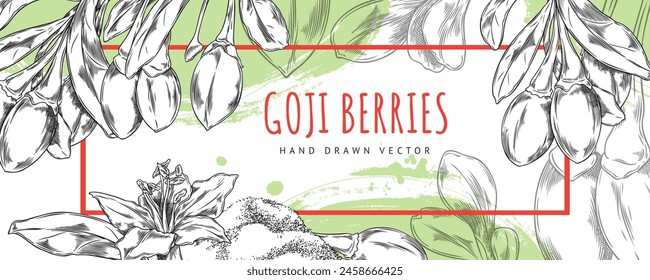Horizontal seamless border with an empty space for text, with goji berries on a white background with watercolor spots. Ideal for organic food design and dietary nutrition