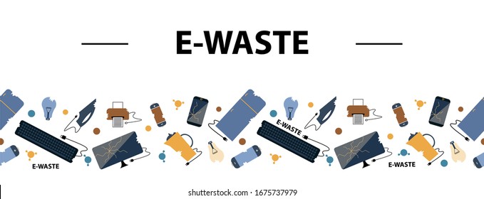 Horizontal seamless border. E-Waste sorting and recycling. Flat design style colorful illustration.  Electrical waste symbols collection -  computer; phone; kettle; printer; monitor; broken glass