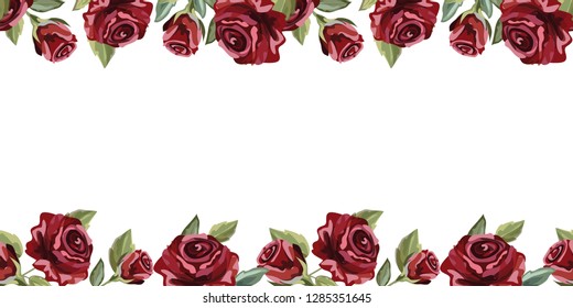 Horizontal seamless border. Floral banner, Red Roses on white background. Vector flowers and leaves, wedding design element.