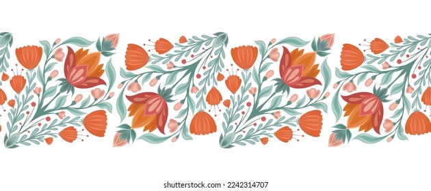 Horizontal seamless border with folk art floral rhombus composition isolated from background. Vector botanical frieze with decorative flowers in tile. Frame with flat bouquet of plants