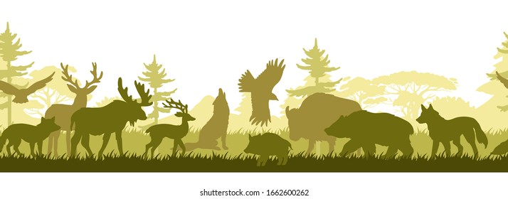 Horizontal seamless border with forest wild animals’ silhouettes. Wild nature background with trees, grass, wolf, bear, eagle, elk and deer. Fauna eco banner for web pages, advertisements, prints