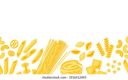 Horizontal seamless border frame composition of many kinds of pasta. Vector illustration cartoon flat icon isolated on white. Template element for packaging label design.