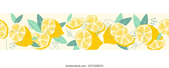 Borde horizontal sin soldadura con limones frescos. Diseño repetible de limón para paquetes de alimentos y bebidas con sabor a limón, ilustración vectorial plana aislada en blanco.