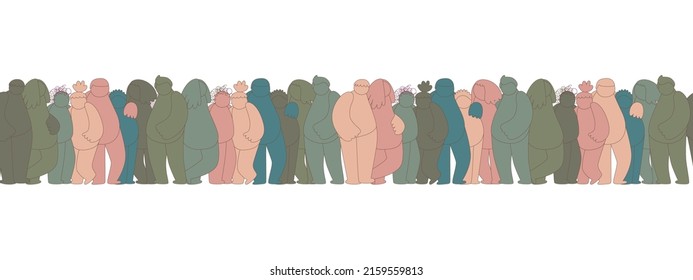 horizontal seamless border group of abstract diverse people. Friends, coworkers,volunteer standing, hugging together. Cartoon doodle characters. Teamwork, togetherness, friendship concept