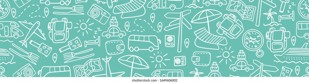 Frontera horizontal sin fisuras con doodles de viaje dibujados a mano. Antecedentes de vacaciones. Ilustración vectorial.