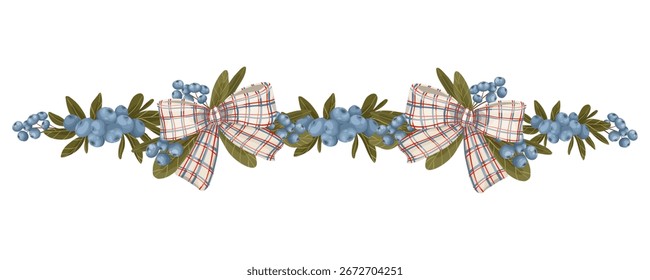 Horizontal seamless border with hand-drawn blue berries, leaves, and a plaid bow. Vector winter holiday illustration for greeting cards, invitations, and festive banners