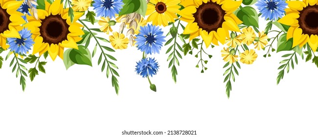 Horizontal seamless border with hanging blue and yellow sunflowers, dandelion flowers, gerbera flowers, cornflowers, ears of wheat, and green leaves. Vector illustration