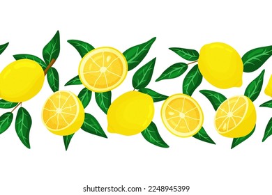 Borde transparente horizontal de la rama de limones sobre fondo blanco. Ilustración de estilo de dibujos animados vectores. Fondo de fondo para papel pintado, textil, tejido, envoltura.