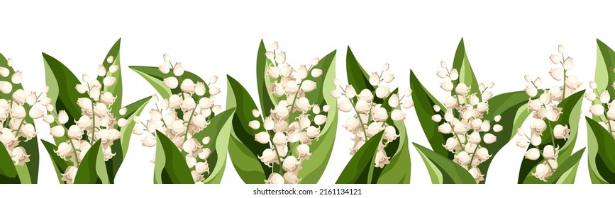 Horizontal Seamless Border With Lily Of The Valley Flowers And Leaves. Vector Illustration