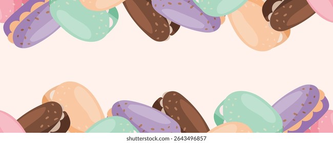 Horizontal seamless border with macarons on top and bottom