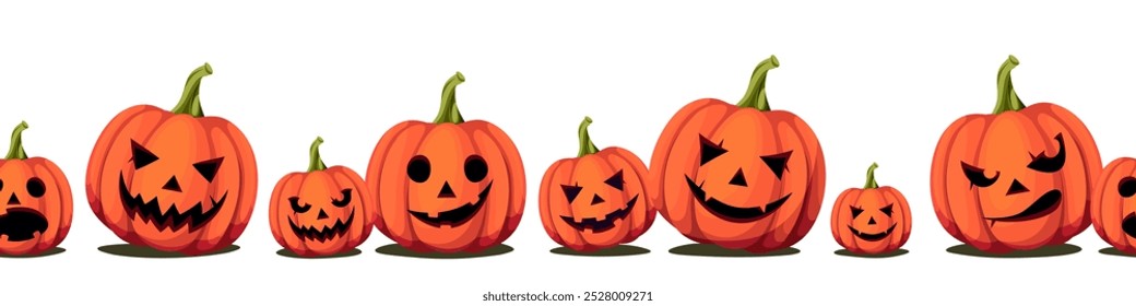 Horizontal borde sin fisuras con naranja jack-o'-lanterns (calabazas de Halloween) sobre un fondo blanco. Ilustración vectorial. Ilustración dibujada a mano, no IA