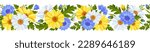 Horizontal seamless border with pattern of blue cornflowers, yellow and white daisy flowers, leaves and buds isolated on a white background. Cute floral botanical decoration. Vector illustration