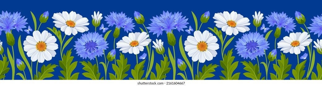 Horizontal seamless border with pattern of blue cornflowers, white daisy flowers, leaves and buds on a blue background. Vector illustration