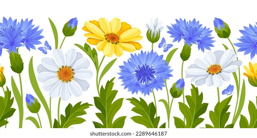 Horizontal seamless border with pattern of blue cornflowers, yellow and white daisy flowers, leaves and buds isolated on a white background. Cute floral botanical decoration. Vector illustration