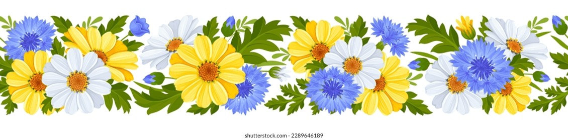 Horizontal seamless border with pattern of blue cornflowers, yellow and white daisy flowers, leaves and buds isolated on a white background. Cute floral botanical decoration. Vector illustration