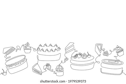 Horizontal Seamless Border Pattern with Cakes, Cupcakes and Pie Slices. Background with Bakery Sweets. One line style. Vector illustration. Can be also yused like Banner, Flyer, Cover, Poster, Texture