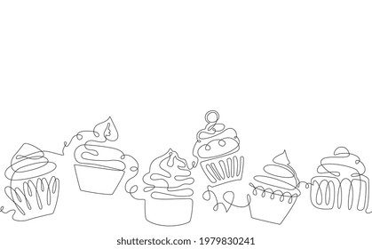 Horizontal Seamless Border Pattern with Cupcakes. Vector Background. 