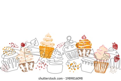 Horizontal Seamless Border Pattern with Cupcakes. Vector Background. 