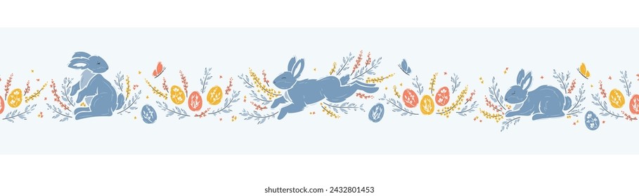 Horizontal Seamless Border Pattern of Easter Bunnies, Easter Eggs, Floral Elements. Spring Banner with Cute Blue Bunny, Leaves and Flowers. Vector illustration.