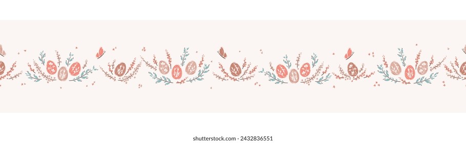 Horizontal Seamless Border Pattern of Easter Eggs and Floral Elements. Spring Cute Banner with Painted Eggs, Leaves and Flowers. Vector illustration.