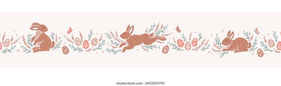 Horizontal Seamless Border Pattern of Easter Bunnies, Easter Eggs, Floral Elements. Spring Banner with Cute Brown Bunny, Leaves and Flowers. Vector illustration.